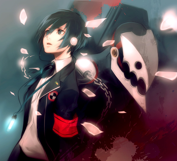 1boy arisato_minato armband atlus bad_id blue_hair chains digital_media_player headphones male_focus persona persona_3 school_uniform short_hair solo teddy_(artist) thanatos yuuki_makoto