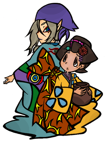 1boy 1girl back-to-back bandanna blonde_hair blue_clothes bow brown_eyes brown_hair do-rag facepaint flower grey_hair hair_flower hair_ornament hairpin height_difference holding japanese_clothes jug kanzashi kayo kimono kusuriuri_(mononoke) long_sleeves makeup mononoke obi ofuda pointy_ears pot sad sash simple_background vase white_background