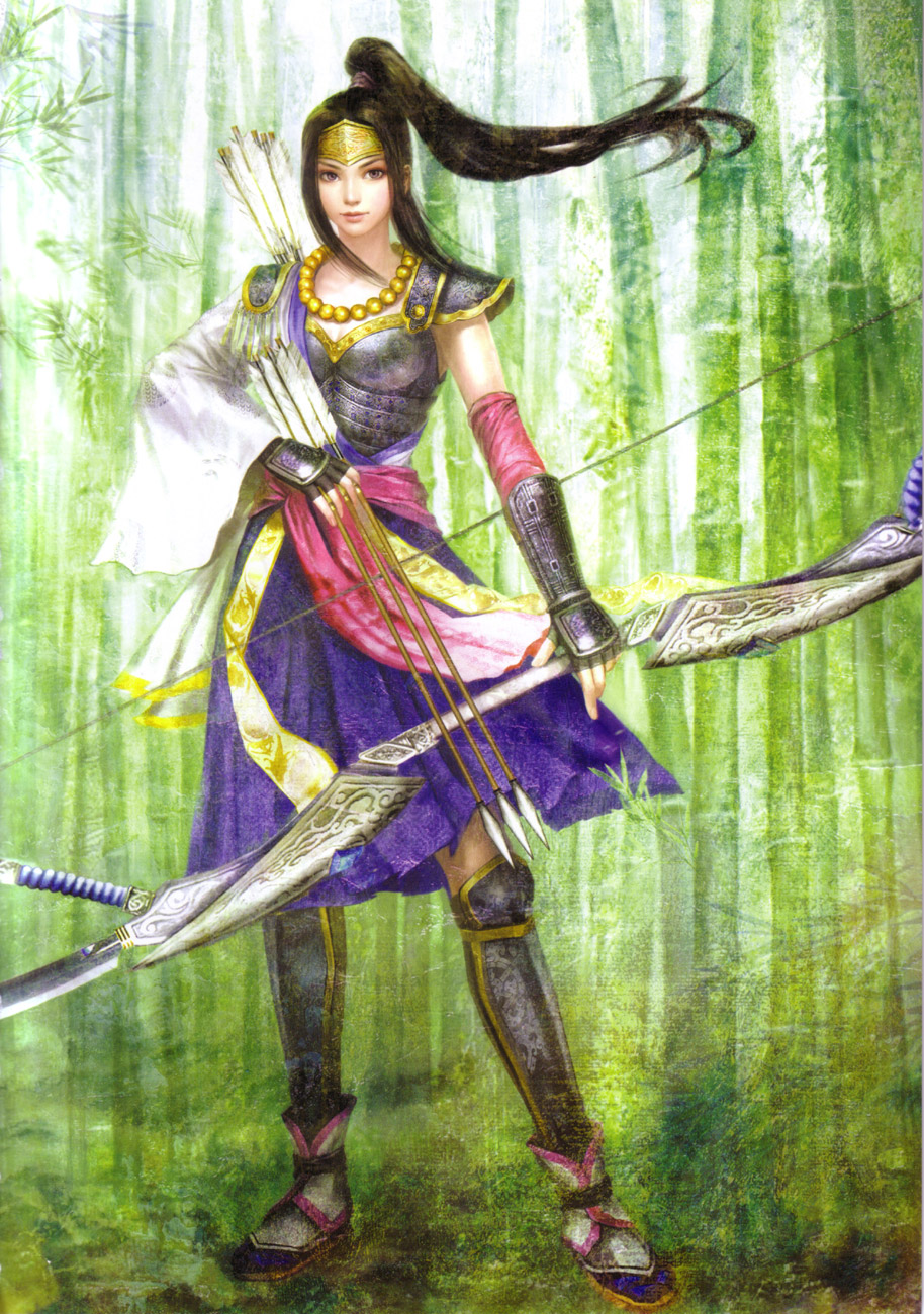1girl armor arrow bamboo bamboo_forest black_hair bow bow_(weapon) breastplate dress forest gauntlets greaves headpiece highres inahime nature scan sengoku_musou sengoku_musou_2 solo weapon