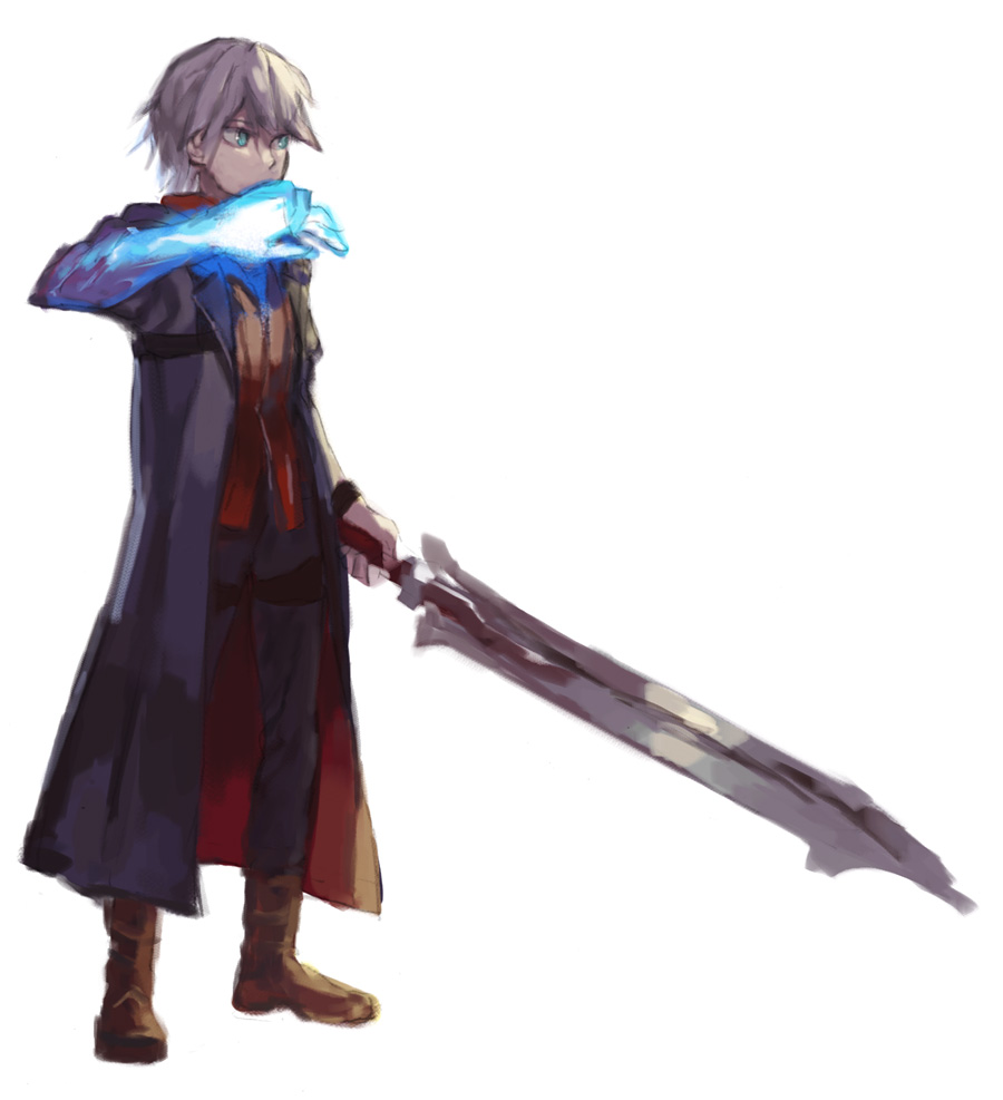 1boy blue_eyes capcom devil_bringer devil_may_cry devil_may_cry_4 kazune_(baumkuchen) male_focus nero_(devil_may_cry) red_queen_(sword) silver_hair solo sword trench_coat weapon white_background