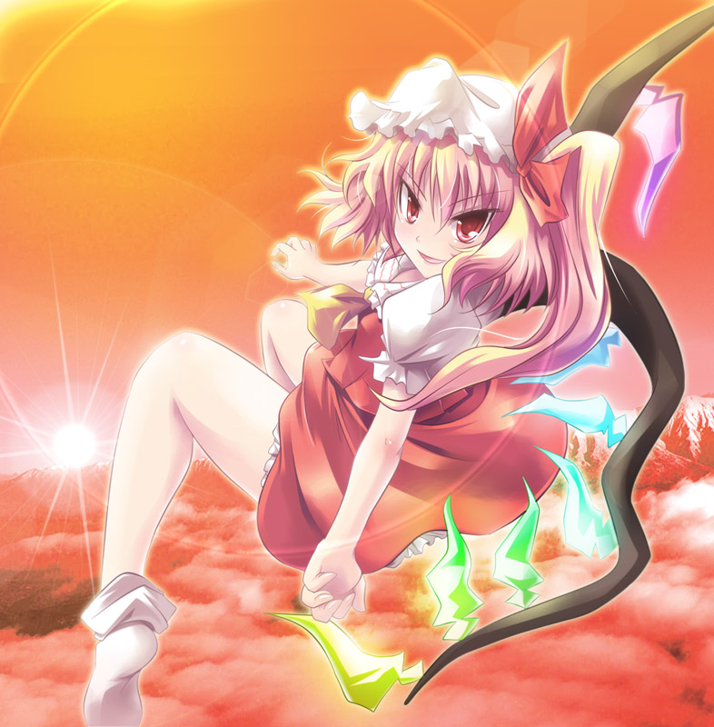 1girl blonde_hair bobby_socks clouds crystal female flandre_scarlet flying frills from_behind full_body hat looking_at_viewer looking_back maki_(seventh_heaven_maxion) mob_cap puffy_short_sleeves puffy_sleeves red_eyes short_sleeves side_ponytail socks solo sunlight sunset touhou wings