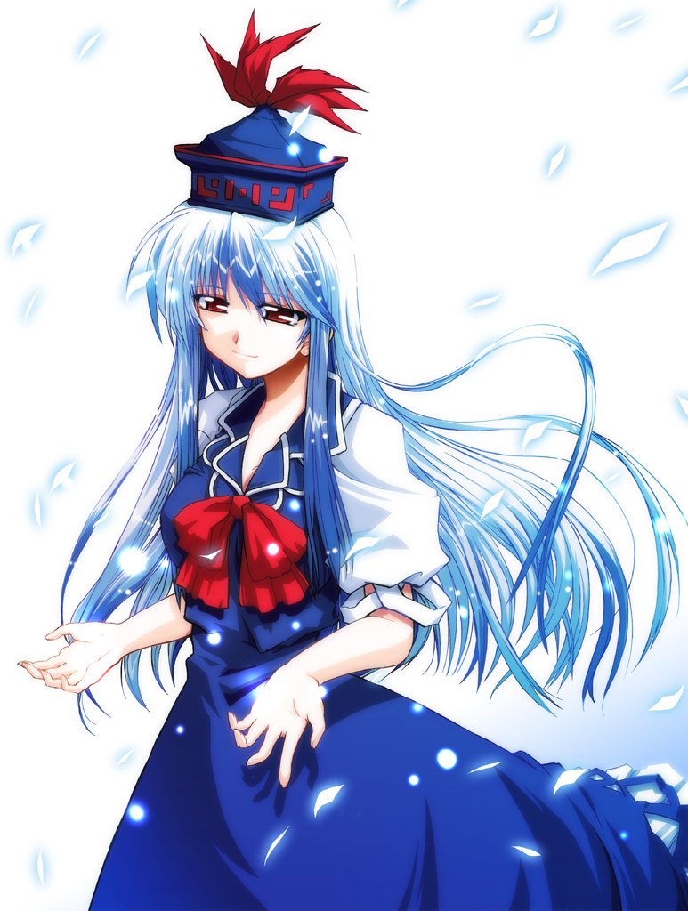 1girl bangs blue_dress blue_hair bow closed_mouth dress eyebrows eyebrows_visible_through_hair female hat kamishirasawa_keine long_hair puffy_short_sleeves puffy_sleeves red_bow red_eyes short_sleeves simple_background solo takana_shinno touhou white_background