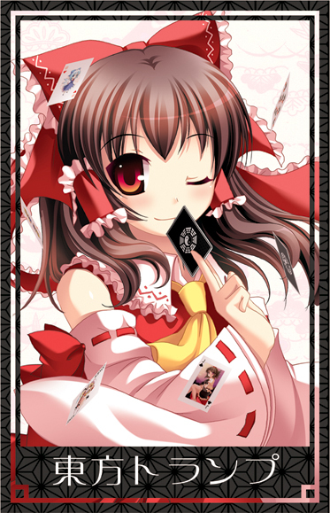 1girl ;) ascot bare_shoulders bow brown_hair closed_mouth collar detached_sleeves female frills hair_bow hakurei_reimu long_sleeves looking_at_viewer niwatoriya ofuda one_eye_closed red_bow red_eyes ribbon-trimmed_sleeves ribbon_trim sidelocks simple_background smile solo touhou white_background