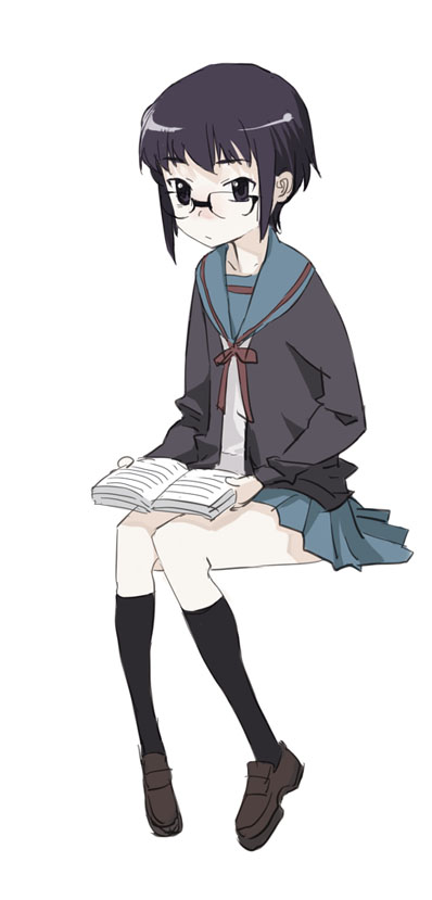 1girl bangs black_legwear blue_skirt book bow brown_shoes cardigan closed_mouth full_body glasses holding holding_book invisible_chair kneehighs loafers long_sleeves miniskirt mura_(kanojo_no_oukoku) nagato_yuki open_book open_cardigan open_clothes pleated_skirt purple_hair reading red_bow red_ribbon ribbon rimless_glasses school_uniform serafuku shoes short_hair simple_background sitting skirt solo suzumiya_haruhi_no_yuuutsu white_background