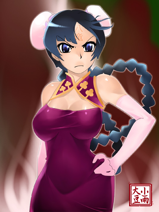 1girl black_hair blue_eyes breasts bun_cover china_dress chinese_clothes cleavage cleavage_cutout double_bun dress elbow_gloves gloves gundam gundam_00 hand_on_hip kosame_daizu large_breasts looking_at_viewer pink_gloves red_dress serious solo wang_liu_mei