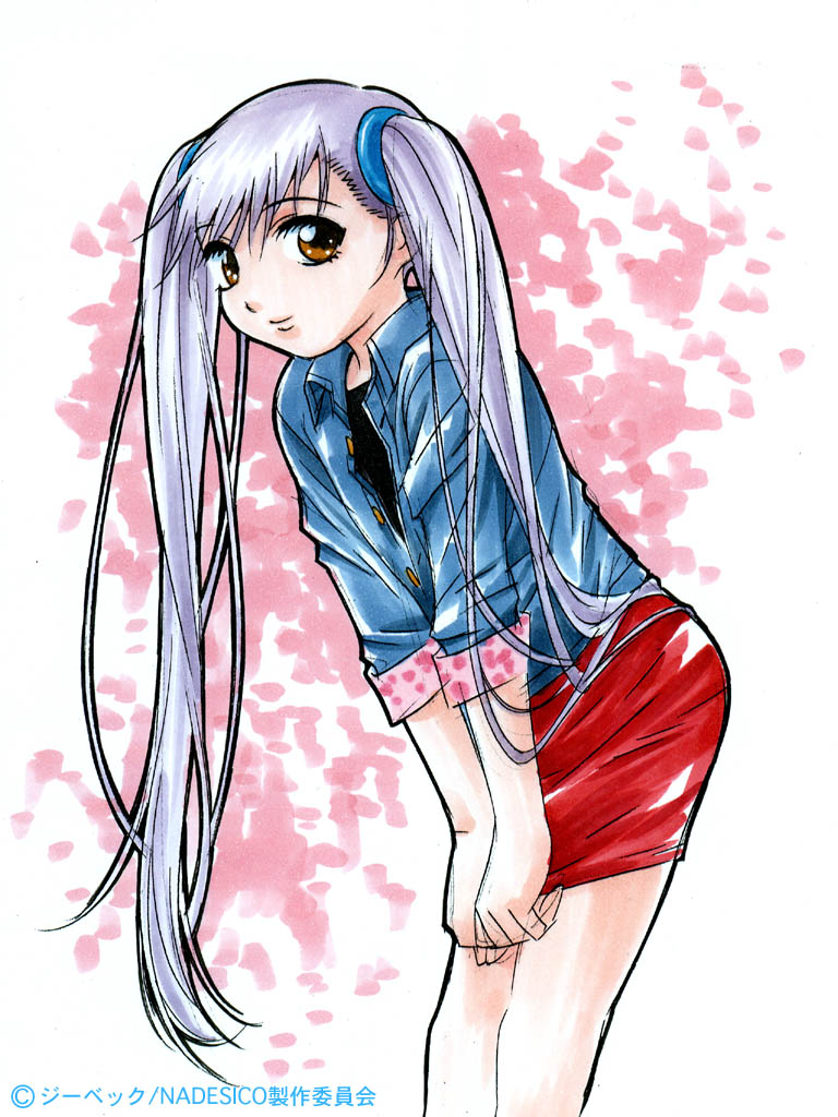 1girl 90s bangs brown_eyes buttons closed_mouth copyright_name eyebrows eyebrows_visible_through_hair eyelashes gotou_keiji hair_ornament hoshino_ruri jacket kidou_senkan_nadesico leaning_forward long_hair pencil_skirt purple_hair red_skirt sketch skirt sleeves_folded_up smile solo standing twintails unbuttoned very_long_hair
