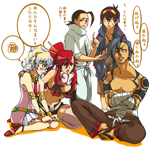 2girls 3boys kamina kan multiple_boys multiple_girls nia_teppelin rossiu simon tengen_toppa_gurren_lagann thigh-highs time_paradox translated yoko_littner younger