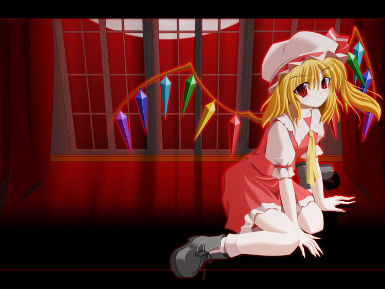 1girl blonde_hair boots cravat curtains eyebrows eyebrows_visible_through_hair female flandre_scarlet hat indoors letterboxed looking_at_viewer mob_cap night one_side_up puffy_short_sleeves puffy_sleeves red_eyes red_skirt red_vest shade short_hair short_sleeves side_b sitting skirt skirt_set slit_pupils smile socks solo touhou white_legwear wings