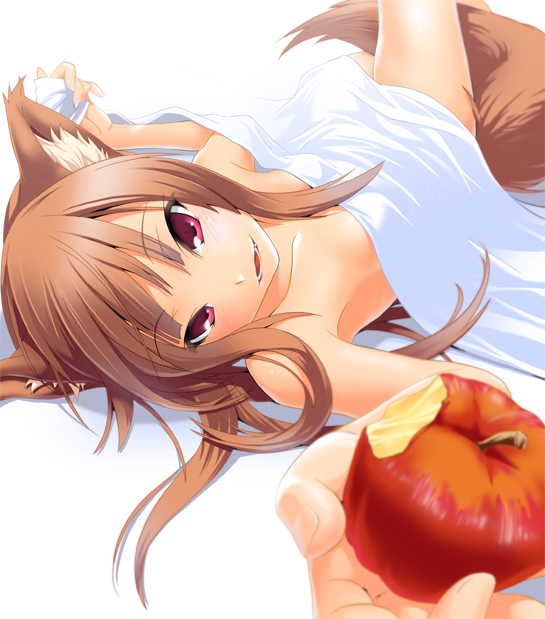 1girl animal_ears apple bed_sheet blurry blush brown_hair depth_of_field fang food foreshortening fruit holo looking_at_viewer naked_sheet nilitsu red_eyes smile solo spice_and_wolf tail tsurime violet_eyes wolf_ears