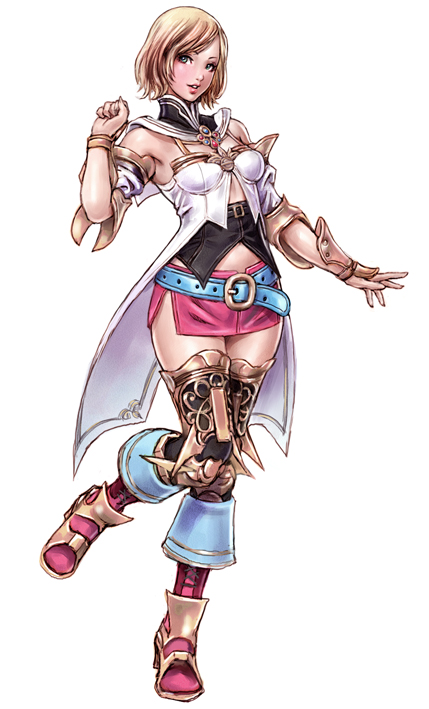 1girl aqua_eyes armor armored_boots armpits ashelia_b'nargin_dalmasca bad_id belt blonde_hair blue_belt blue_eyes boots breasts brooch clenched_hand detached_sleeves dress female final_fantasy final_fantasy_xii full_body hand_up high_heels hips jewelry knee_boots lips lipstick makeup medium_breasts midriff miniskirt parted_lips pink_skirt shoes short_hair side_slit simple_background skirt smile solo standing standing_on_one_leg thigh-highs turtleneck white_background wide_hips yamashita_shun'ya zettai_ryouiki
