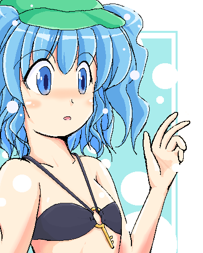 1girl :o adapted_costume bare_shoulders blue_eyes blue_hair blush collarbone female flat_cap hat kawashiro_nitori key lowres o-ring_bikini open_clothes solo tareme thigh-highs touhou twintails two_side_up upper_body wavy_hair