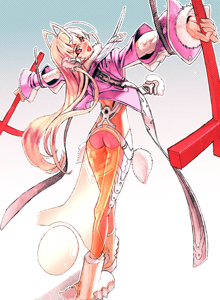 1girl ass blonde_hair blush bodysuit dual_wielding holding holding_weapon long_hair long_sleeves looking_at_viewer looking_back original outstretched_arms pose red_eyes sanbasou skin_tight solo very_long_hair weapon