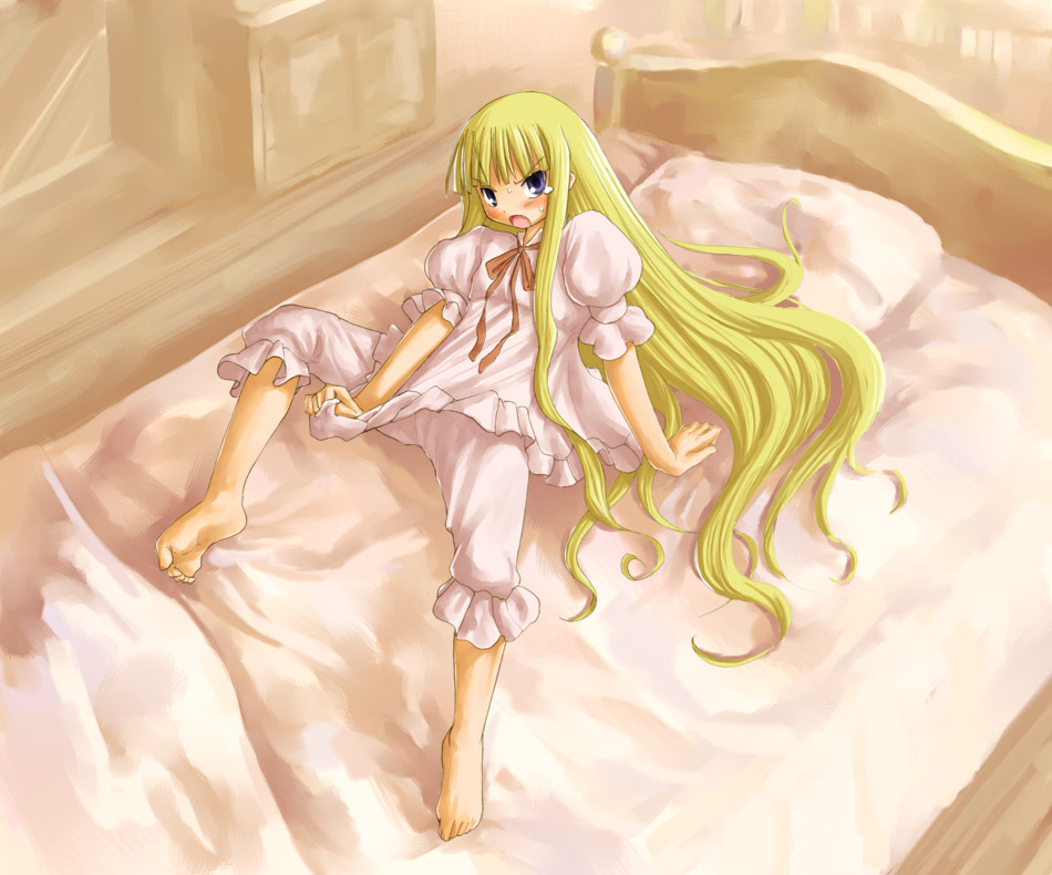 1girl arm_support barefoot bed blonde_hair blue_eyes blush evangeline_a_k_mcdowell fang feet flat_chest kasuga_yukihito long_hair lying mahou_sensei_negima! on_back pajamas shirt_tug solo tears vampire very_long_hair