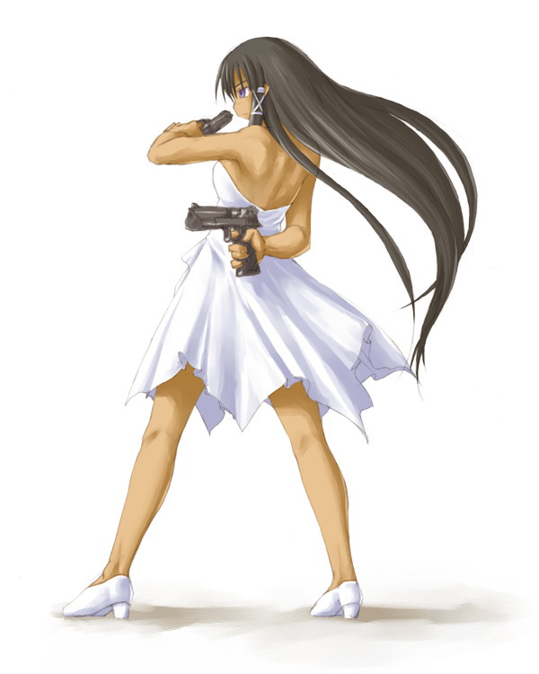 arm_behind_back bare_shoulders brown_hair dark_skin desert_eagle dress dual_wielding gun handgun high_heels kasuga_yukihito long_hair mahou_sensei_negima! pistol semiautomatic shoes tatsumiya_mana weapon