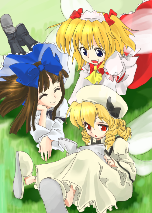 3girls :d ^_^ bangs blonde_hair blue_eyes blunt_bangs blush bow breasts closed_eyes dress fairy fairy_wings female hair_bow long_hair long_sleeves luna_child multiple_girls oekaki open_mouth perfect_memento_in_strict_sense red_dress red_eyes sitting slippers small_breasts smile star_sapphire sunny_milk touhou white_dress wings