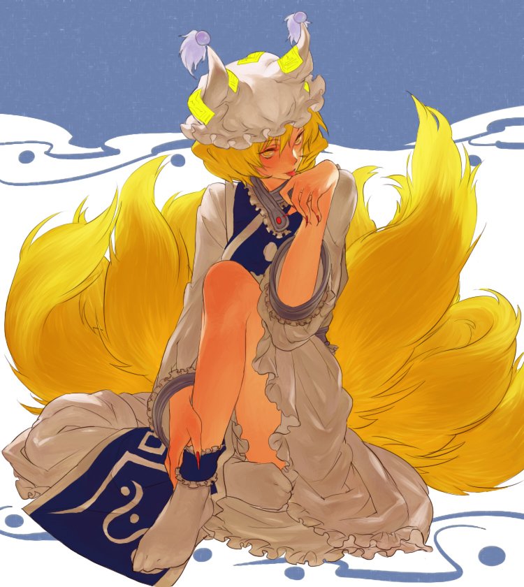 1girl bare_shoulders blonde_hair blush closed_eyes dress egawa_satsuki feet female fingernails footwear fox_tail full_body hat knee_up licking long_fingernails long_nails long_sleeves multiple_tails nail_polish pillow_hat red_nails short_hair sitting socks solo tabard tail tassel touhou white_dress white_legwear wide_sleeves yakumo_ran