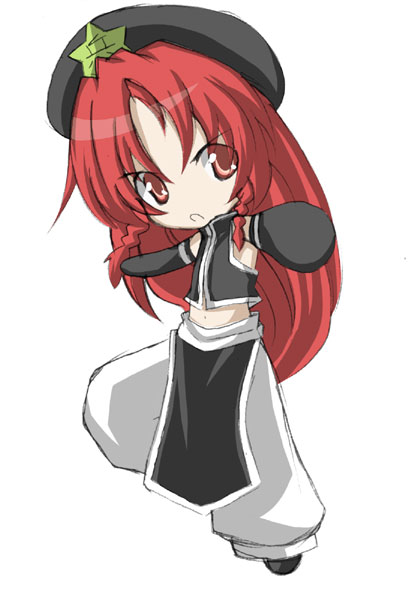 1girl baggy_pants bare_shoulders black_gloves braid female full_body gloves hat hong_meiling immaterial_and_missing_power long_hair midriff miwa_maku pants red_eyes redhead simple_background sleeveless solo star touhou twin_braids white_background