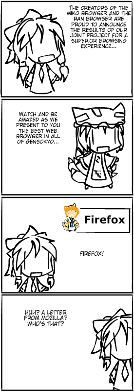 2girls 4koma comic detached_sleeves english female fire firefox flame fox_tail hakurei_reimu kirbym monochrome multiple_girls multiple_tails os-tan pun simple_background spot_color tail touhou walfas yakumo_ran |_|