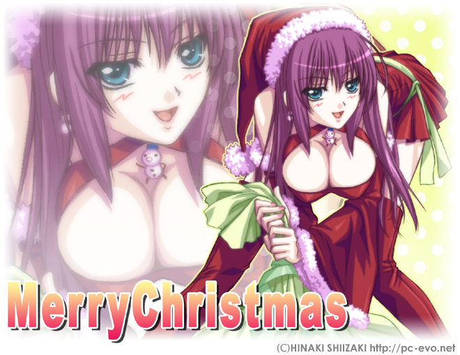 1girl :d bent_over blue_eyes blush boots breasts christmas cleavage cleavage_cutout detached_sleeves earrings fur_trim hat jewelry large_breasts lipstick long_hair makeup nail_polish naughty_face open_mouth pink_nails polka_dot purple_hair red_legwear sack santa_costume santa_hat sash shiizaki_hinaki smile snowman solo thigh-highs thigh_boots zettai_ryouiki zoom_layer