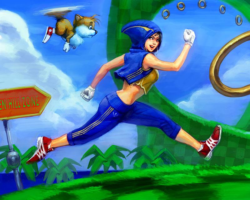 1girl action adidas cosplay costume female flying fox game_console genderswap hood jewelry jpeg_artifacts miles_prower personification ring running sega sega_mega_drive sonic sonic_the_hedgehog track_suit