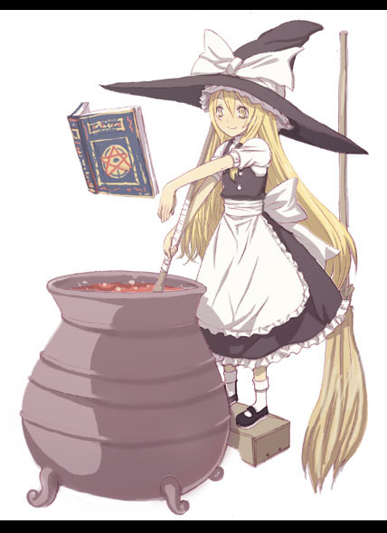 1girl apron blonde_hair book bow broom cauldron cooking female frills fujii_toshiaki hat kirisame_marisa letterboxed long_hair mary_janes oversized_object pot shoes simple_background solo touhou witch_hat