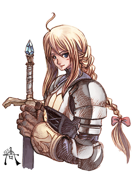 1girl agrias_oaks armor blonde_hair blue_eyes braid final_fantasy final_fantasy_tactics shu-tokutomi simple_background single_braid solo sword weapon