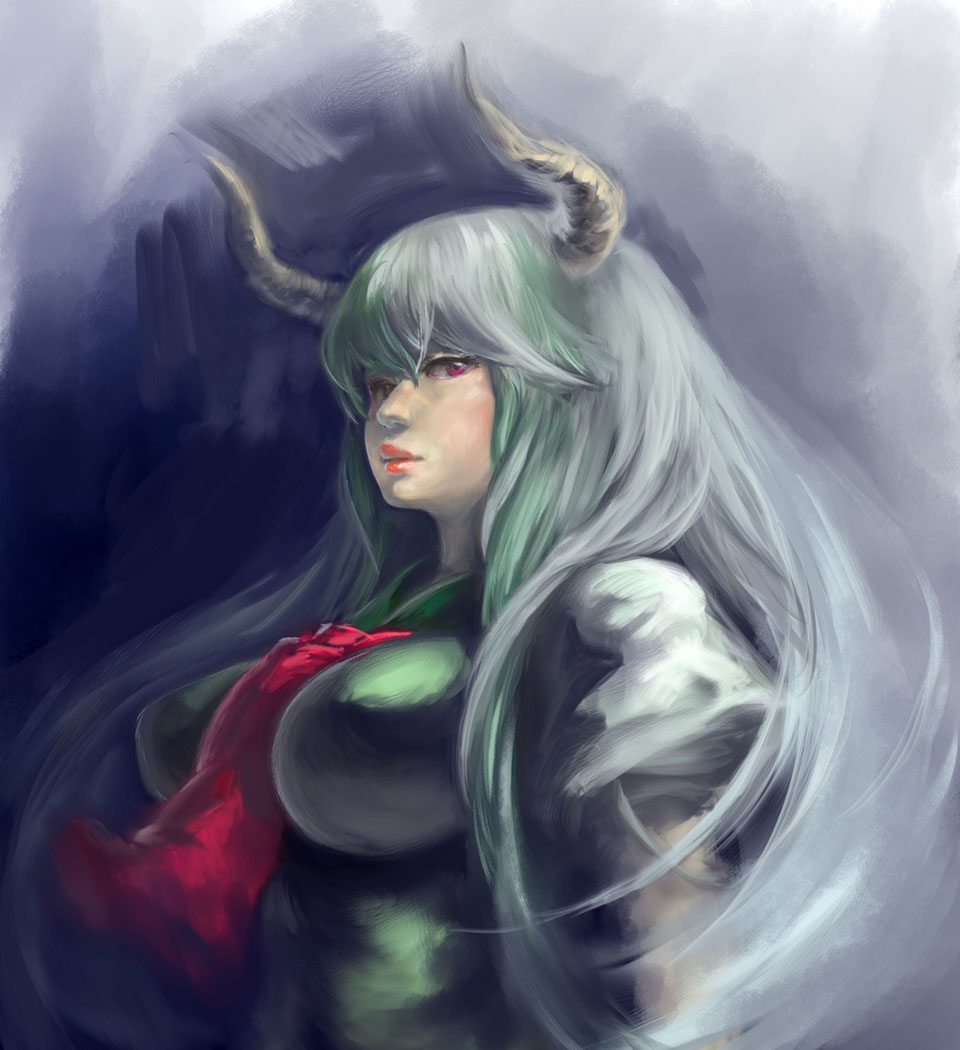 breasts ex-keine ex_keine horns impossible_clothes impossible_shirt kamishirasawa_keine large_breasts red_eyes shirt touhou