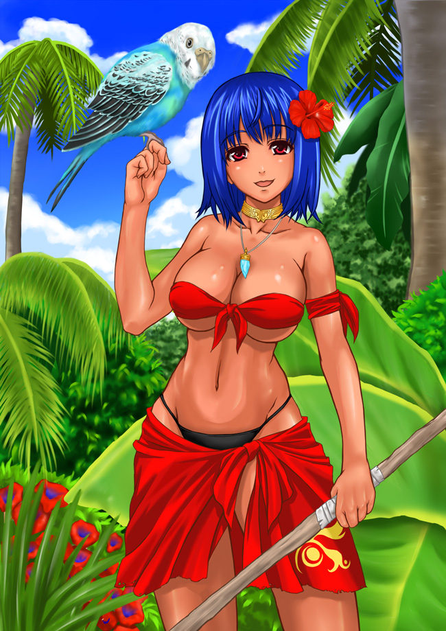 bird bird_on_hand black_panties blue_hair breasts choker cleavage cloud clouds flower grass hair_flower hair_ornament hibiscus jewelry large_breasts nanakorobi_yaoki necklace panties parakeet parrot pendant red_eyes sarong short_hair sky smile stick tan tree tropical under_boob underboob underwear