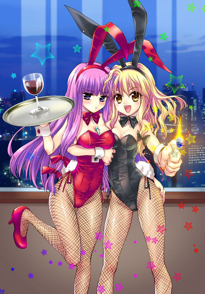 animal_ears between_breasts blonde_hair blush bowtie breasts brown_eyes bunny_ears bunnysuit cityscape cleavage fishnet_pantyhose fishnets frown goblet hand_on_ass high_heels hug kirisame_marisa lighter long_hair multiple_girls pantyhose patchouli_knowledge purple_eyes purple_hair rabbit_ears sato-pon shoes smile star touhou tray violet_eyes wine wrist_cuffs yellow_eyes