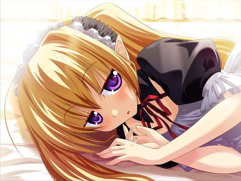 bed blonde_hair blush close-up draculius elshlant_d._annoyance flat_gaze game_cg long_hair lying maid maid_headdress morning narumi_suzune on_side open_mouth pointy_ears purple_eyes solo stare twintails violet_eyes