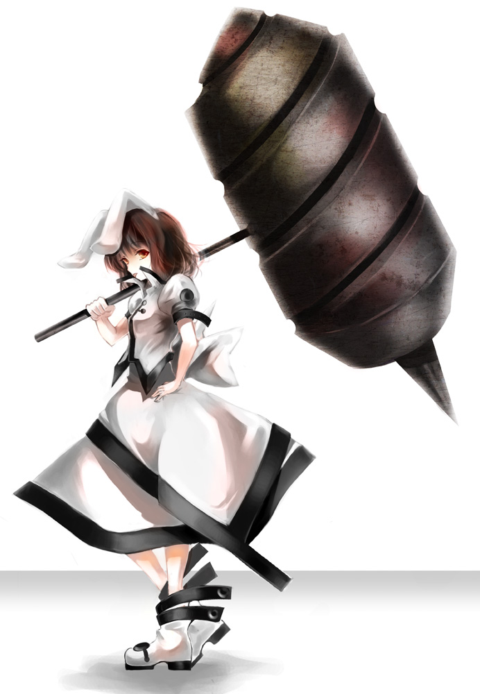 :p animal_ears boots brown_hair bunny_ears dress hammer hand_on_hip huge_weapon inaba_tewi pose rabbit_ears red_eyes tomasu tongue touhou weapon