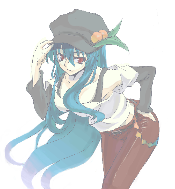 bent_over blue_hair cabbie_hat casual contemporary food fruit hand_on_hip hat hinanawi_tenshi leaf leaning_forward long_hair maou peach red_eyes solo touhou