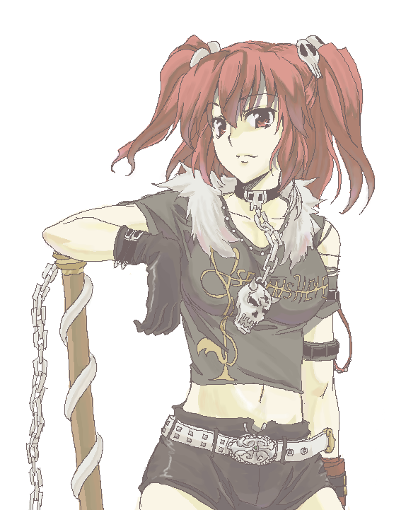 alternate_costume casual chain choker contemporary glove gloves hair_bobbles hair_ornament hotpants maou onozuka_komachi red_eyes red_hair short_shorts shorts skull skull_hair_ornament solo touhou