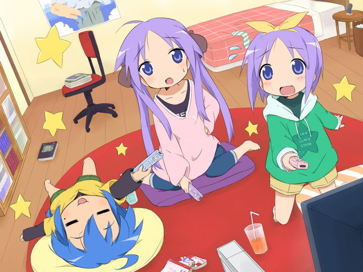 bad_id barefoot bedroom girls_playing_games hiiragi_kagami hiiragi_tsukasa hoodie izumi_konata kareha_aki lucky_star lying on_back playing_games remote sitting suzumiya_haruhi suzumiya_haruhi_no_yuuutsu video_game wii young