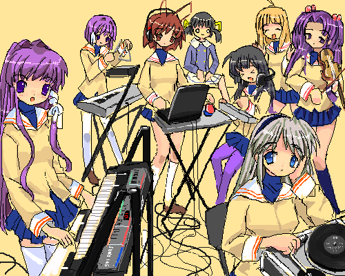 &gt;_&lt; 6+girls bad_anatomy bad_id band cable clannad closed_eyes computer everyone fujibayashi_kyou fujibayashi_ryou furukawa_nagisa hairband headphones headphones_around_neck headset ibuki_fuuko ichinose_kotomi instrument juuyon keyboard keyboard_(instrument) laptop lowres miyazawa_yukine multiple_girls oekaki pantyhose phonograph pixel_art poorly_drawn purple_legwear sakagami_tomoyo siblings sisters sunohara_mei synthesizer triangle_(instrument) turntable twins violin