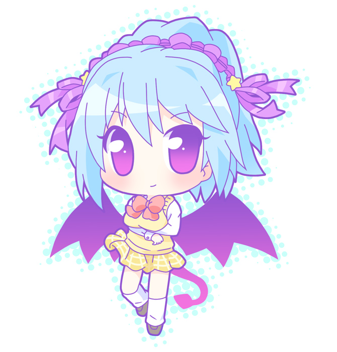 1girl bat_wings blue_hair bow bowtie chibi demon_tail dress kneehighs kurono_kurumu loafers looking_at_viewer looking_back mirai_(sugar) red_bow red_bowtie rosario+vampire shoes simple_background solo tail violet_eyes white_background white_legwear wings yellow_dress