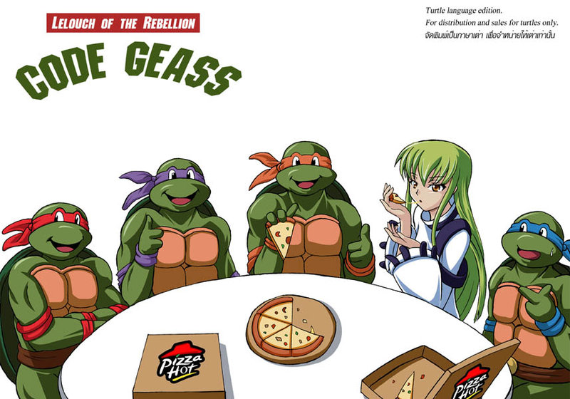 1girl brand_name_imitation c.c. code_geass crossover donatello food green_hair leonardo michelangelo pizza pizza_hut raphael ryusei teenage_mutant_ninja_turtles thai