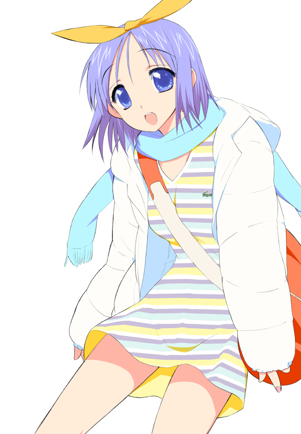 1girl bag blue_eyes blue_scarf coat dress hiiragi_tsukasa kusaka_souji lacoste looking_at_viewer lucky_star purple_hair scarf short_hair simple_background solo striped striped_dress white_background