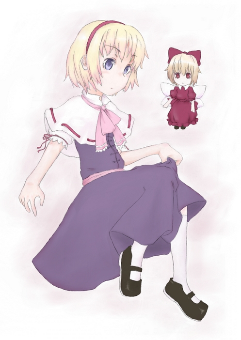 1girl alice_margatroid black_shoes blonde_hair blue_dress blue_eyes bow capelet dress female full_body hair_bow hairband kneehighs mary_janes red_bow red_ribbon ribbon ribbon_trim sacha shanghai_doll shoes short_hair short_sleeves simple_background solo touhou white_background white_legwear wings