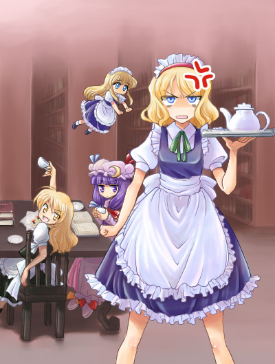 3girls alice_margatroid alternate_costume anger_vein annoyed apron blonde_hair blue_eyes book bookshelf chair cosplay cup enmaided female hat izayoi_sakuya izayoi_sakuya_(cosplay) kirisame_marisa library maid maid_apron maid_headdress mikagami_hiyori multiple_girls no_hat no_headwear patchouli_knowledge purple_hair shanghai_doll standing tea_set teacup teapot touhou tray violet_eyes voile yellow_eyes