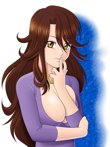 1girl bracelet breasts brown_hair cleavage closed_mouth curly_hair finger_to_mouth gundam gundam_00 hall haru_(hall) jewelry large_breasts long_hair long_sleeves looking_at_viewer smile solo sumeragi_lee_noriega sweater very_long_hair yellow_eyes