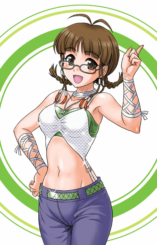 1girl :d ahoge akizuki_ritsuko armpits bare_shoulders braid brown_eyes brown_hair cool_&amp;_sexy_(idolmaster) glasses hand_on_hip hida_tatsuo idolmaster index_finger_raised jewelry midriff navel necklace open_mouth pointing pointing_up short_hair short_twintails slender_waist smile solo twin_braids twintails