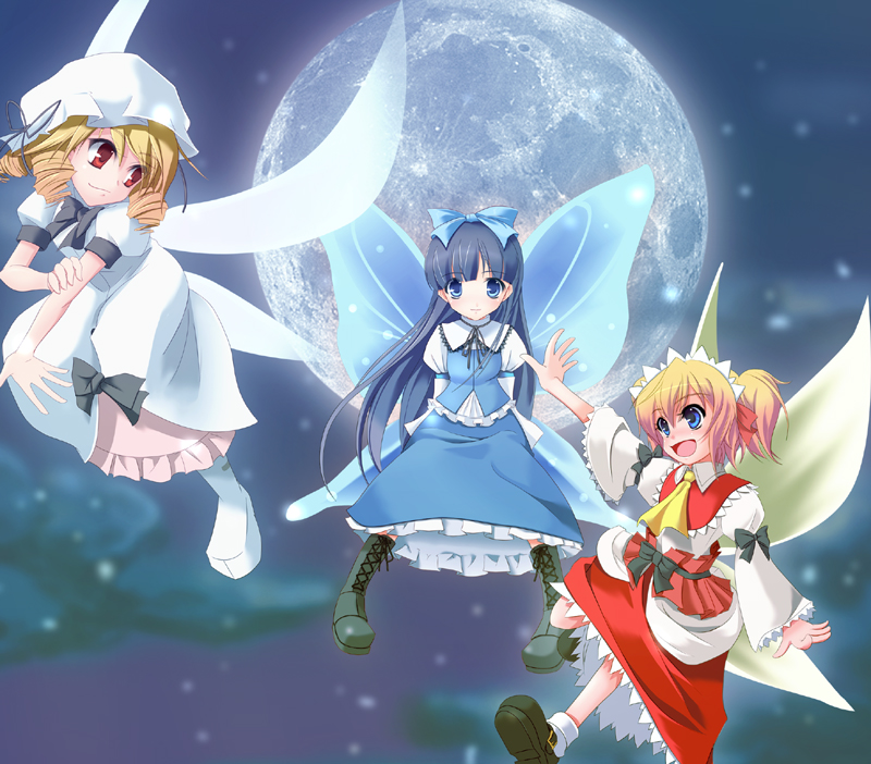 3girls :d blonde_hair blue_dress blue_hair dress fairy fairy_wings female flying frills full_body full_moon hat looking_at_viewer looking_back luna_child mob_cap moon multiple_girls open_mouth perfect_memento_in_strict_sense puffy_short_sleeves puffy_sleeves red_dress short_sleeves side_ponytail smile star_sapphire sunny_milk touhou wapokichi white_dress wings