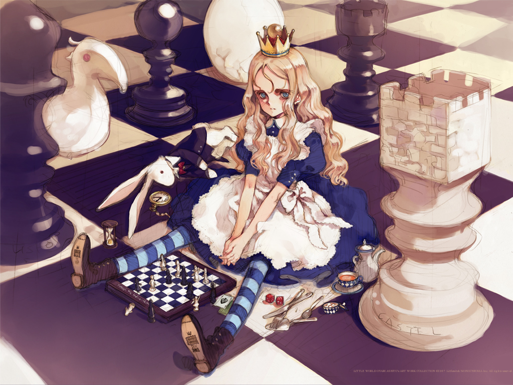 alice_(wonderland) alice_in_wonderland blonde_hair blue_eyes board_game boots card chess crown dice egg fork game hourglass knife living_piece lying_card ooyari_ashito original pocket_watch queen spoon striped striped_legwear tea thigh-highs watch white_rabbit