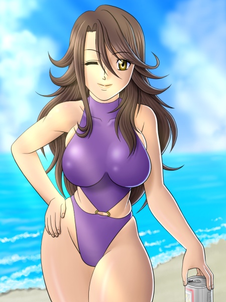 1girl alcohol beach beer breasts can casual_one-piece_swimsuit gundam gundam_00 hall hand_on_hip haru_(hall) highleg highleg_swimsuit hips ocean one-piece_swimsuit outdoors sky smile solo sumeragi_lee_noriega swimsuit wink