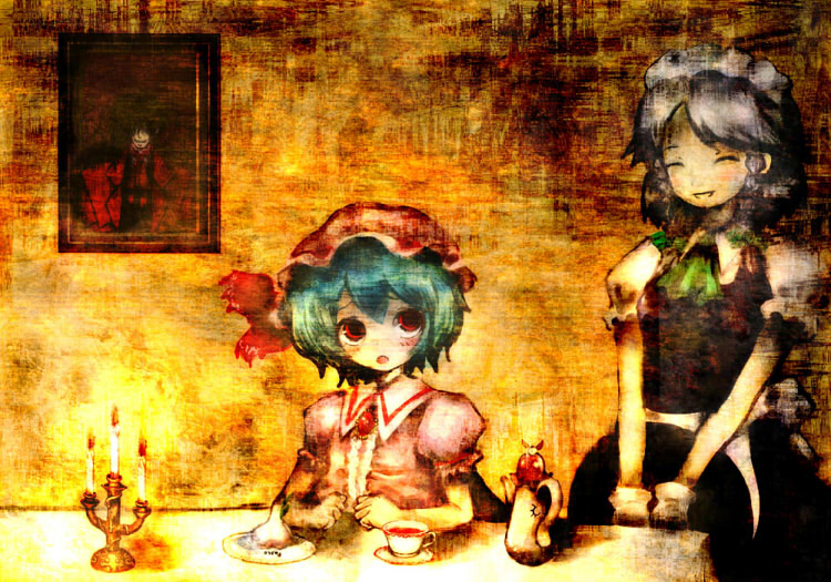 2girls :o ^_^ ^o^ alucard_(hellsing) blue_dress blush bow bowtie candle candlestand closed_eyes crossover cup dress green_bow green_bowtie hands_together hellsing indoors izayoi_sakuya looking_at_another looking_to_the_side maid maid_headdress multiple_girls mystia_lorelei photo_(object) puffy_short_sleeves puffy_sleeves remilia_scarlet short_sleeves table teacup teapot touhou v_arms vampire wax