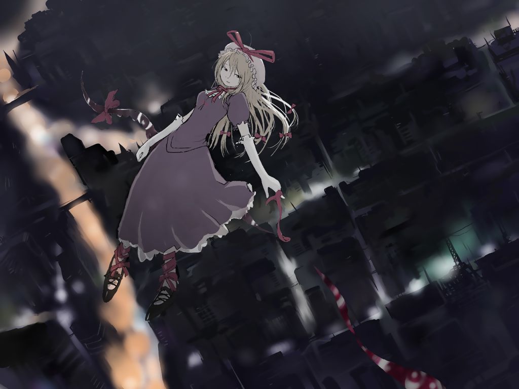 1girl backlighting blonde_hair blurry bow choker city city_lights cityscape depth_of_field elbow_gloves eyes female floating from_above gap gloves hair_bow hat hat_ribbon kashmir light_smile looking_to_the_side mob_cap night perspective ribbon shoes solo touhou yakumo_yukari