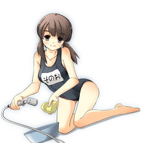 1girl barefoot brown_hair dutch_angle kneeling long_hair looking_at_viewer lowres mori_sonou name_tag one-piece_swimsuit school_swimsuit shower shower_head simple_background solo sponge suzumiya_haruhi_no_yuuutsu swimsuit twintails white_background yuuji