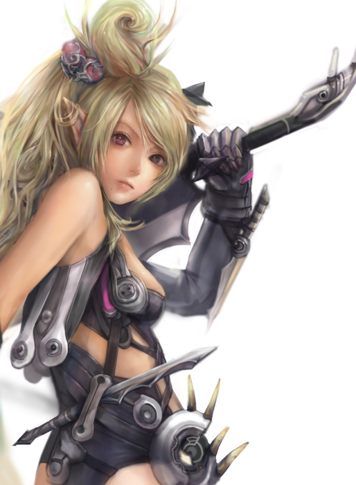 1girl bad_id blonde_hair brown_eyes elf miche pointy_ears solo sword weapon
