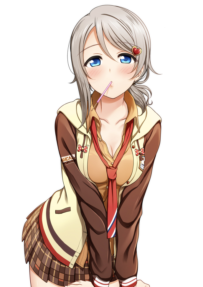 1girl blue_eyes blush breasts brown_jacket brown_skirt cleavage commentary_request food grey_hair hair_ornament heart_hair_ornament jacket long_sleeves looking_at_viewer loose_necktie love_live! love_live!_school_idol_festival love_live!_sunshine!! low_ponytail miniskirt mouth_hold necktie plaid plaid_skirt pleated_skirt pocky red_neckwear school_uniform side_ponytail simple_background skirt solo suzume_miku watanabe_you white_background